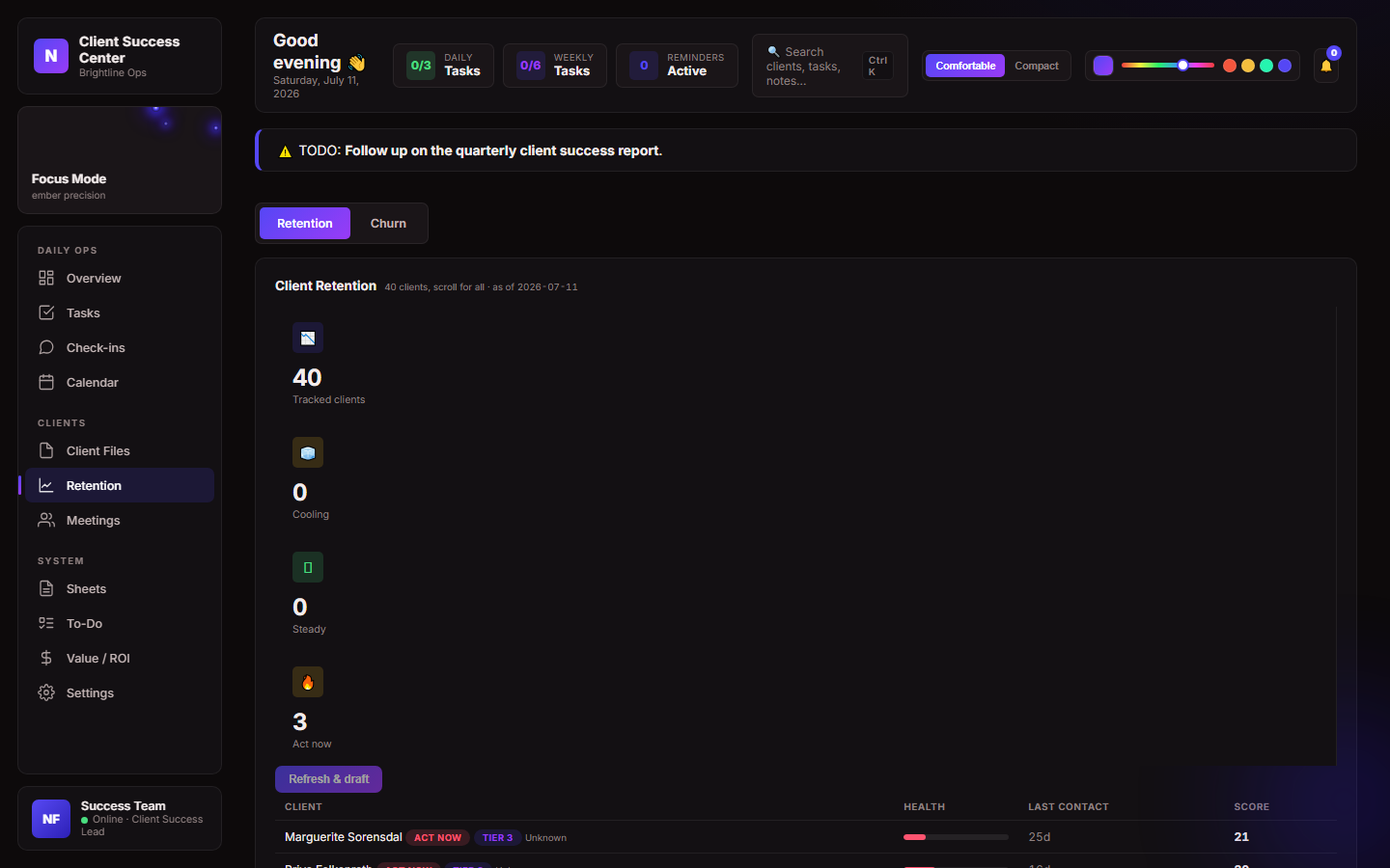 Retention tracking screen